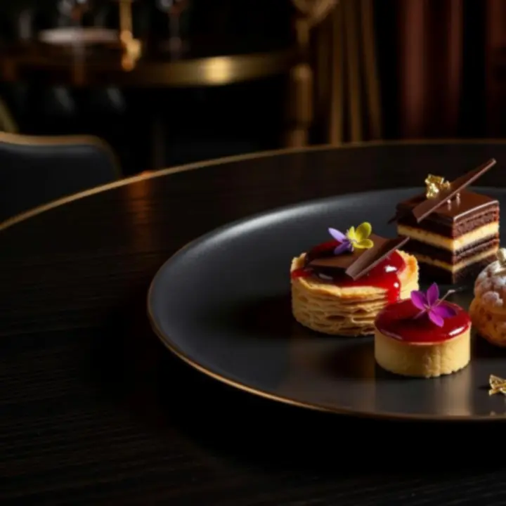 Fine dining desszertkompozíció elegáns tálalással