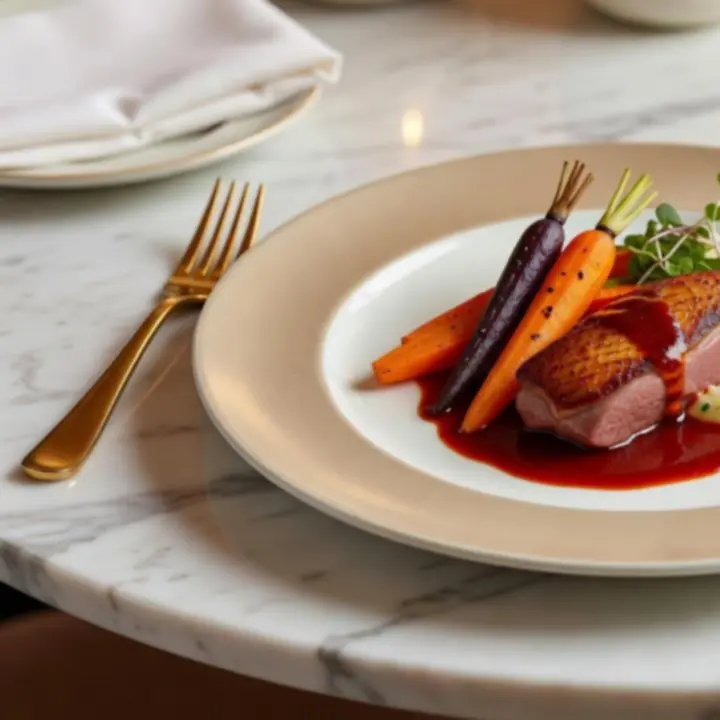 Gourmet fine dining fogás márványasztalon, arany részletekkel tálalva