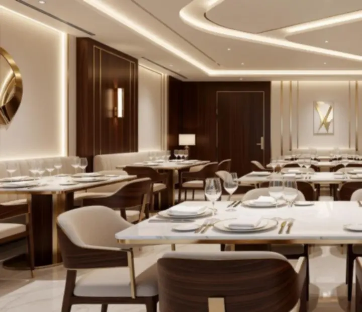Elegáns fine dining éttermi enteriőr márványasztalokkal és hangulatos fényekkel