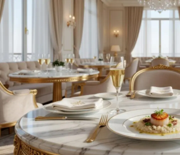 Gourmet tálalás egy világos, prémium éttermi enteriőrben